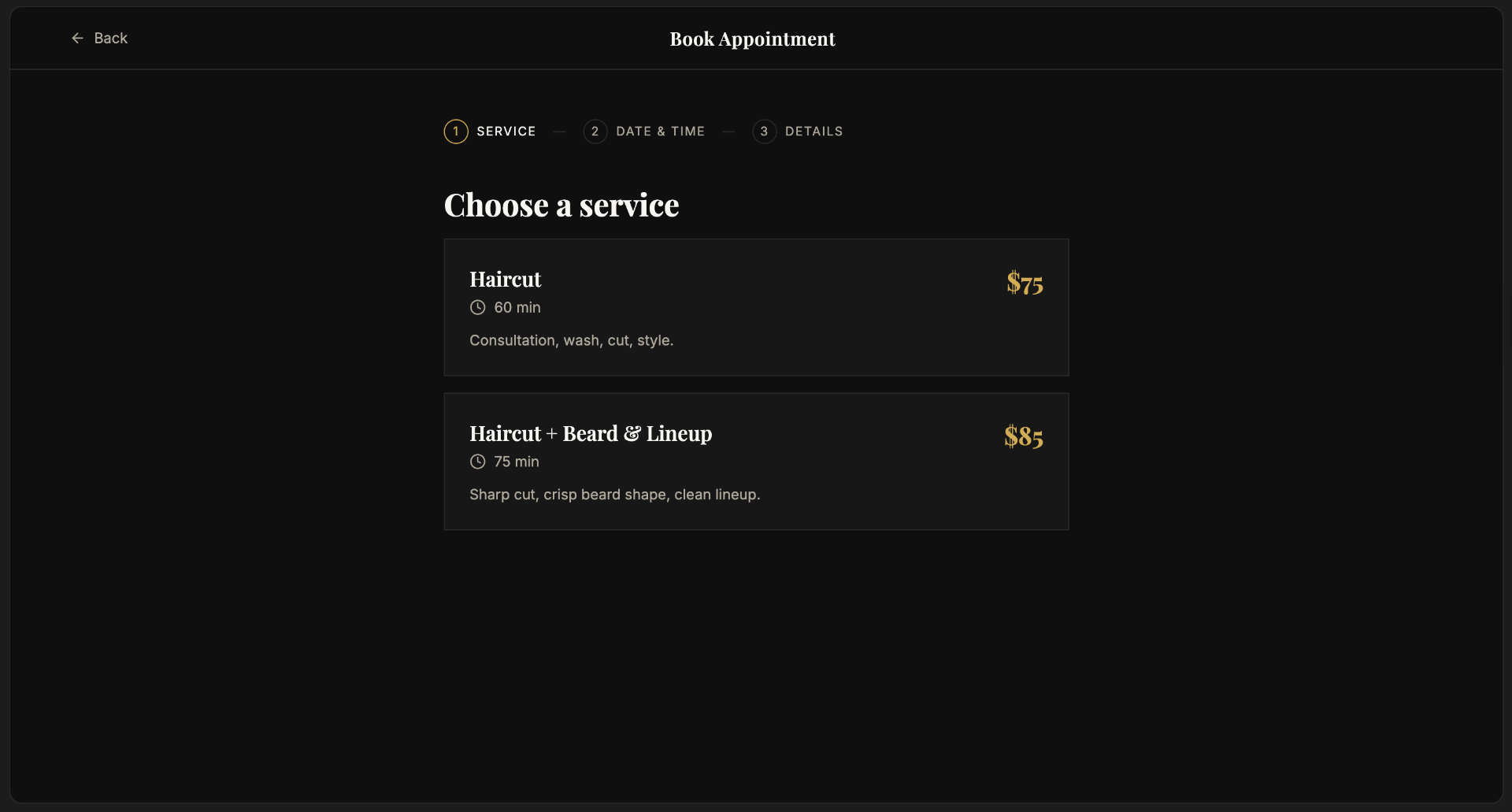 Booking — choose service