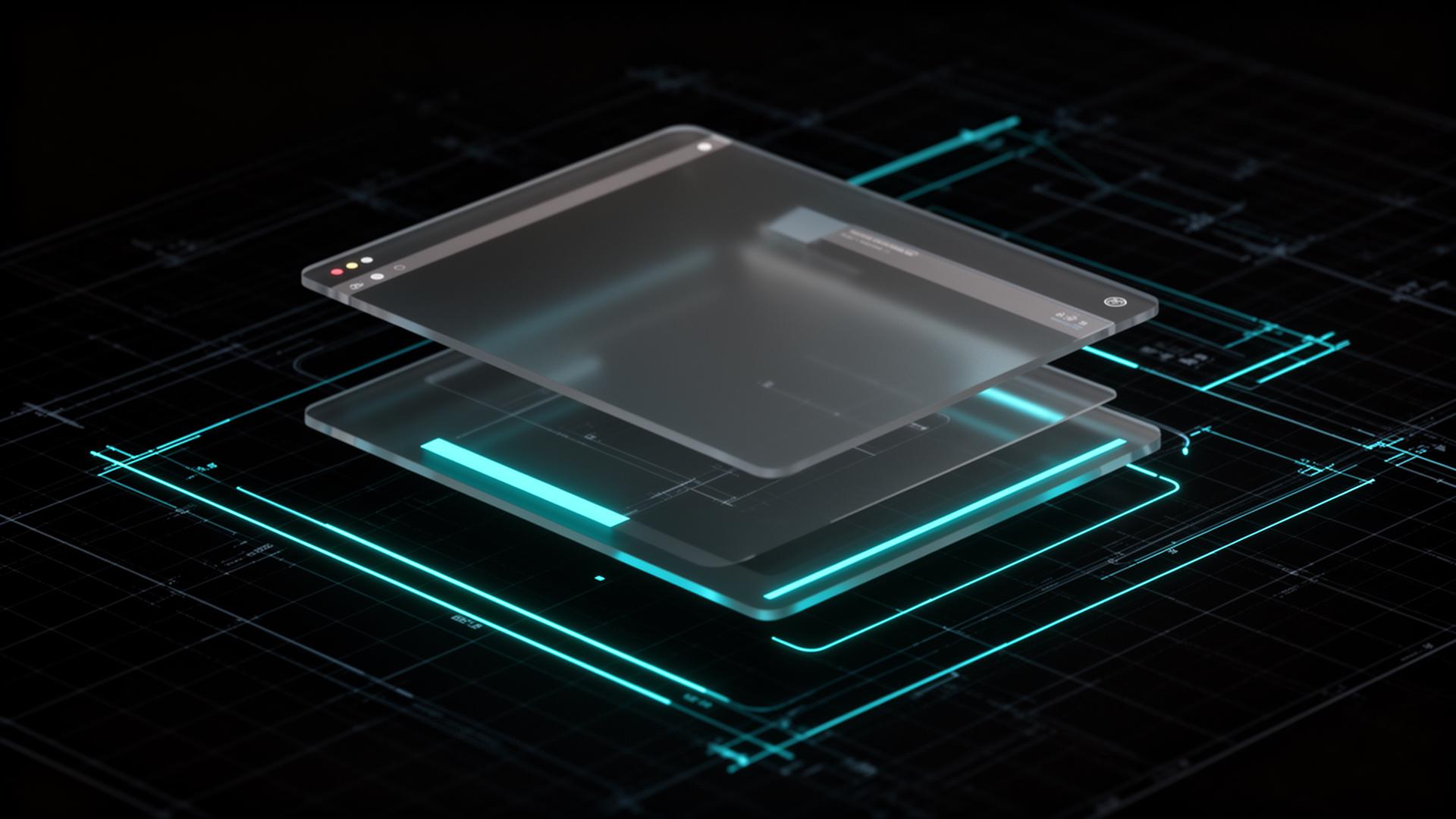 Layered glass UI panels glowing on a dark blueprint grid